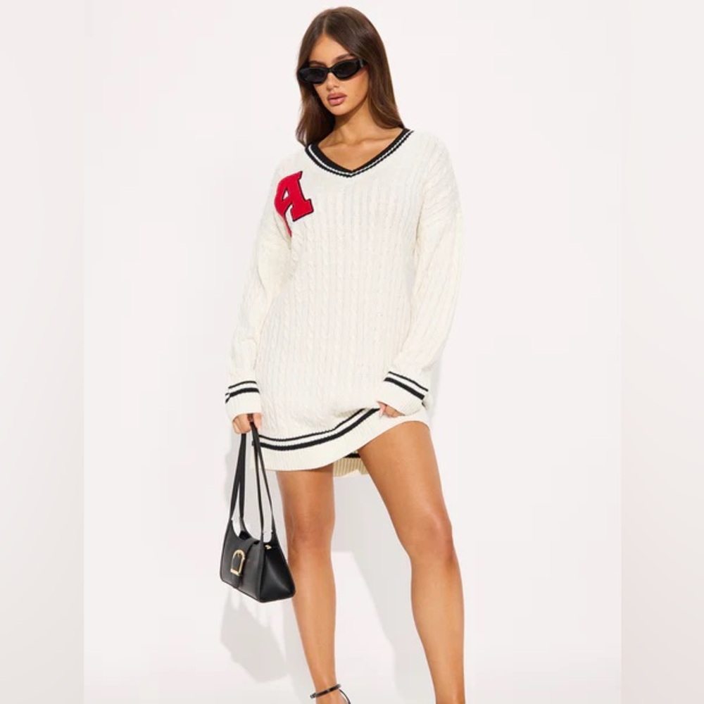 Fashion Nova White Long Sleeve Dress with Red Accent